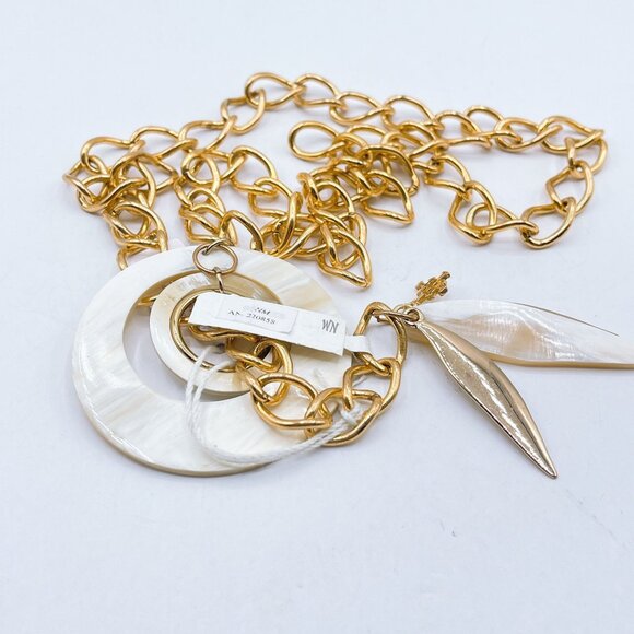Akola Gold Chain Necklace With Mother-Of-Pearl Circle Pendant & Dangling Leaf Ch - Picture 6 of 8